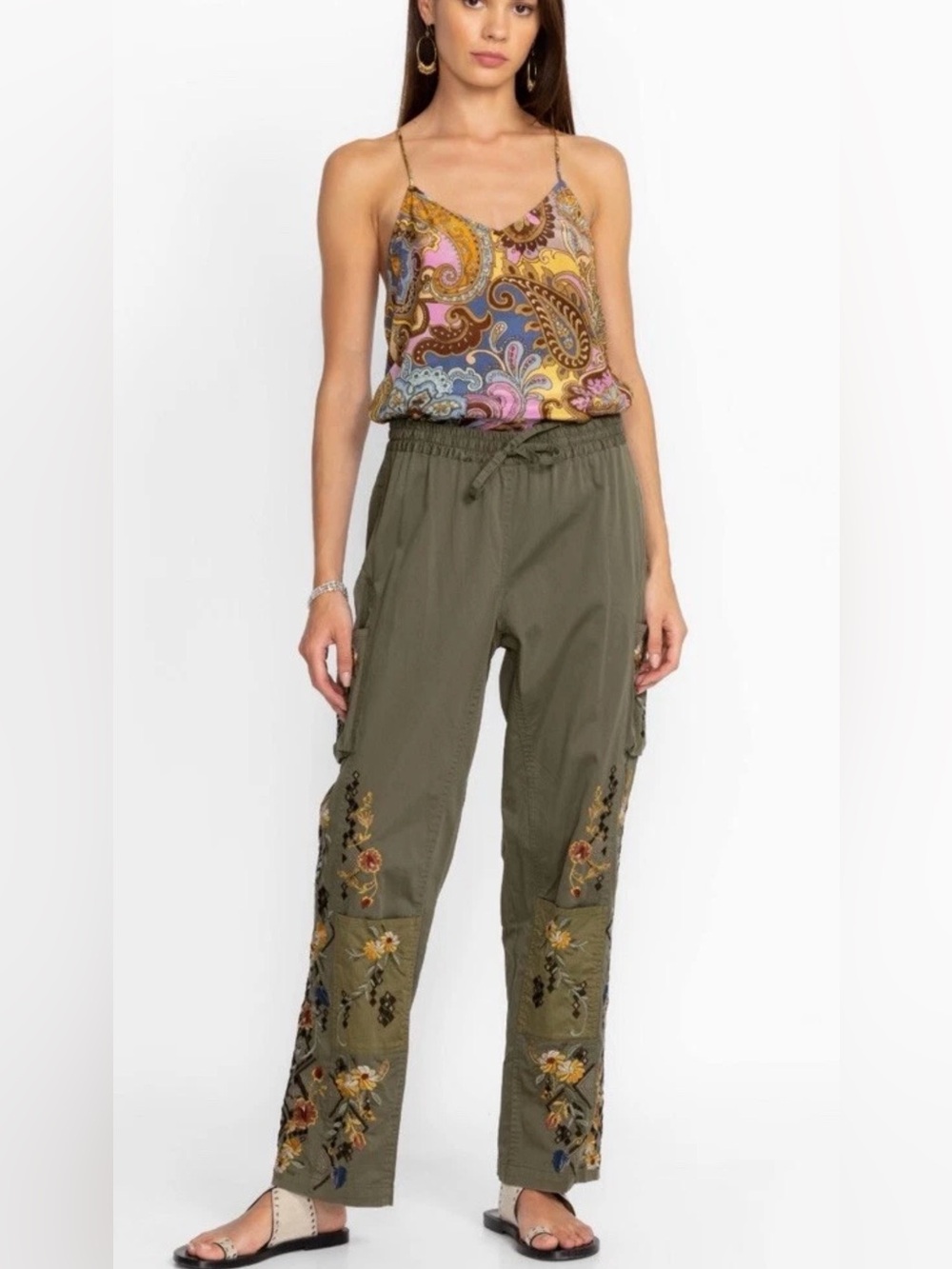 Johnny Was Whitney Embroidered Olive Cargo Pants - Women, Size M, NWT